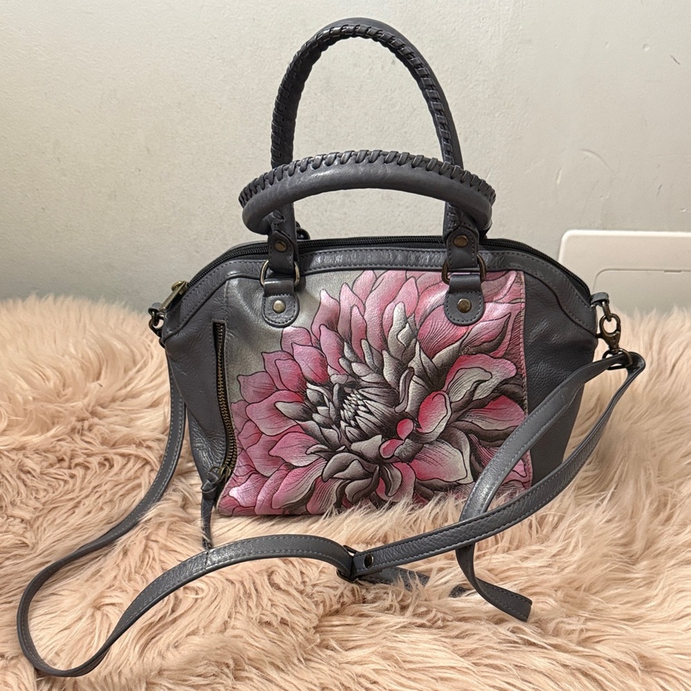 RARE Anuschka Floral Gray and Pink Handbag small to medium - Picture 2 of 10
